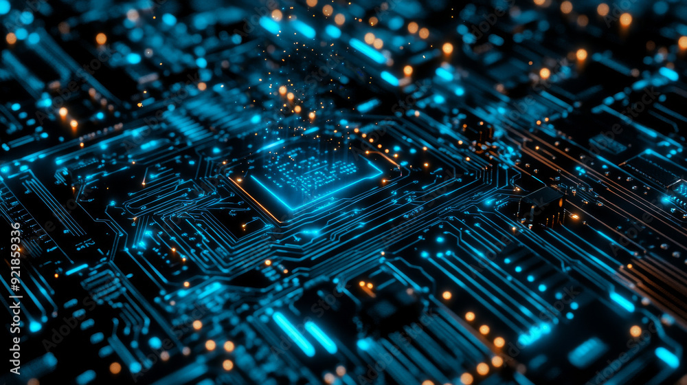 Poster quantum computer technologies concept. futuristic blue circuit board background with modern technolo