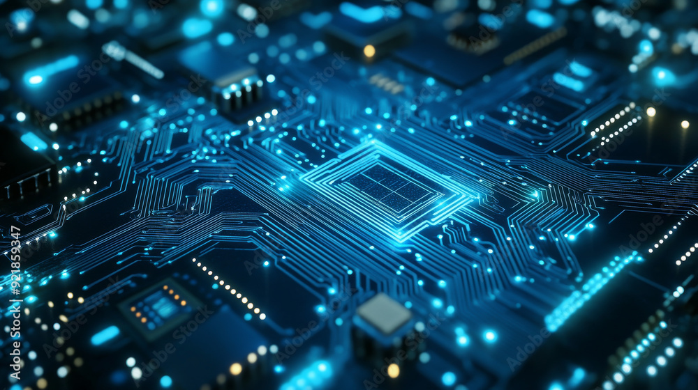 Poster quantum computer technologies concept. futuristic blue circuit board background with modern technolo
