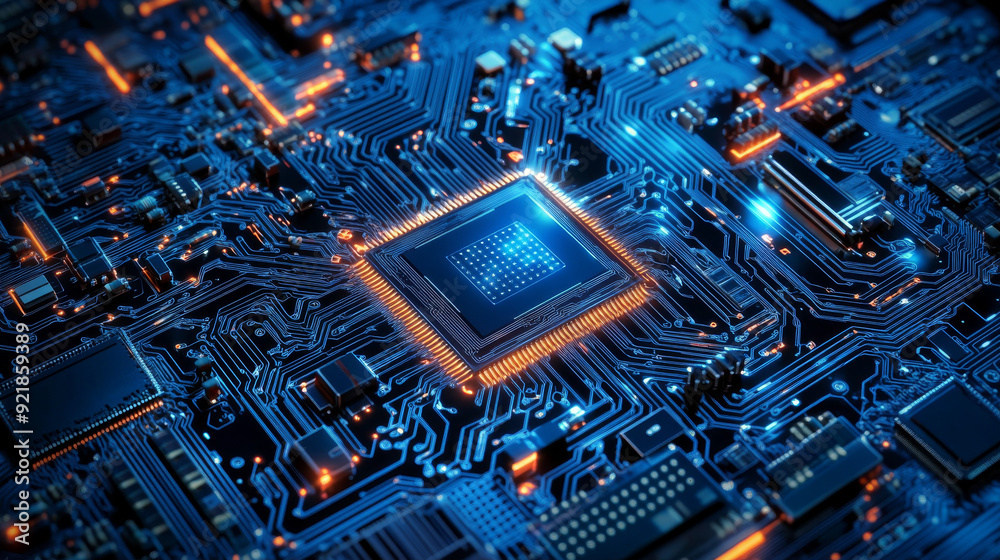 Poster quantum computer technologies concept. futuristic blue circuit board background with modern technolo