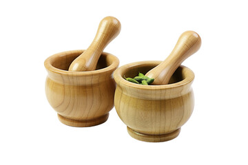 Artisan Wooden Mortar and Pestle Set on Rustic Kitchen Counter With Fresh Herbs in Afternoon Sunlight on White or PNG Transparent Background.