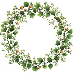 Fototapeta premium Watercolor Wreath of Green Leaves and Berries