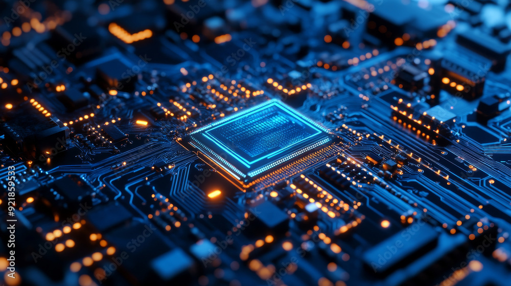 Poster quantum computer technologies concept. futuristic blue circuit board background with modern technolo
