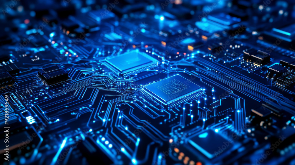 Poster quantum computer technologies concept. futuristic blue circuit board background with modern technolo