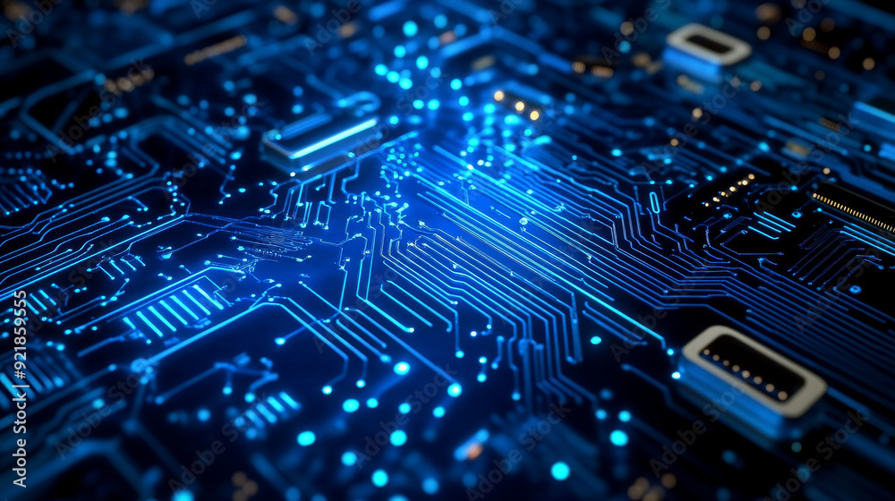 Poster quantum computer technologies concept. futuristic blue circuit board background with modern technolo