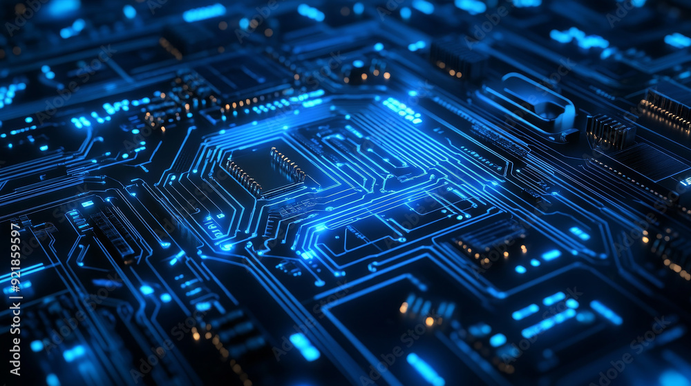 Poster quantum computer technologies concept. futuristic blue circuit board background with modern technolo