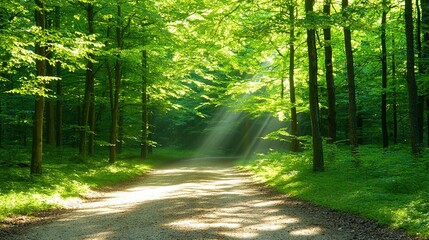 Obraz premium A dirt road in the forest is illuminated by sunlight filtering through the tall trees above