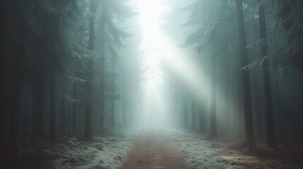 Naklejka premium A foggy day illuminates a path in the heart of the forest