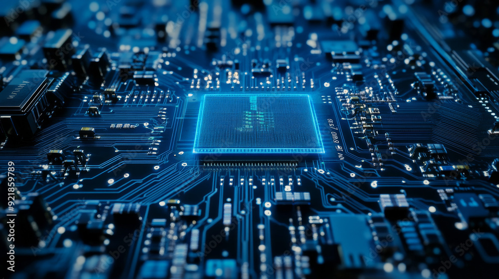 Poster quantum computer technologies concept. futuristic blue circuit board background with modern technolo