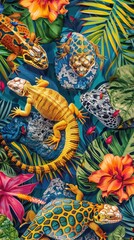 Obraz premium Various reptiles bask amidst tropical flowers and foliage in a bright, colorful environment