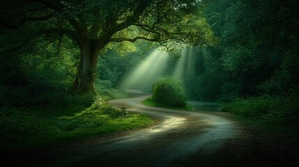 Fototapeta premium A dirt road in a forest, bathed in sunlight from behind the trees