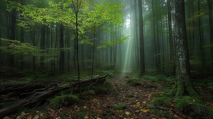Fototapeta premium A forest path illuminated by a bright light filtering through the foliage beneath