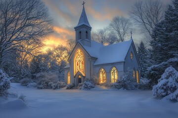 Snowy church at sunset with warm glowing windows