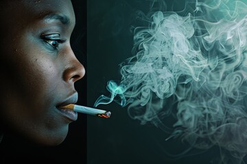 Fototapeta premium Close up of a serene face with smoke swirling from the mouth in an ethereal dance