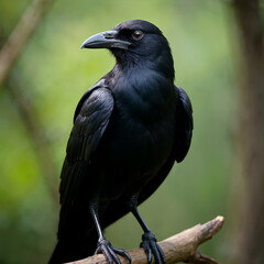 Fototapeta premium Raven Perched on Branch in Mysterious Woodland