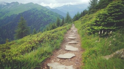 Fototapeta premium A dirt trail surrounded by trees and set against mountain backdrop