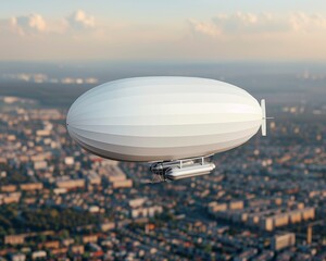 A majestic aerial view of a zeppelin gliding over a vibrant urban landscape, capturing a unique blend of tradition and modernity.