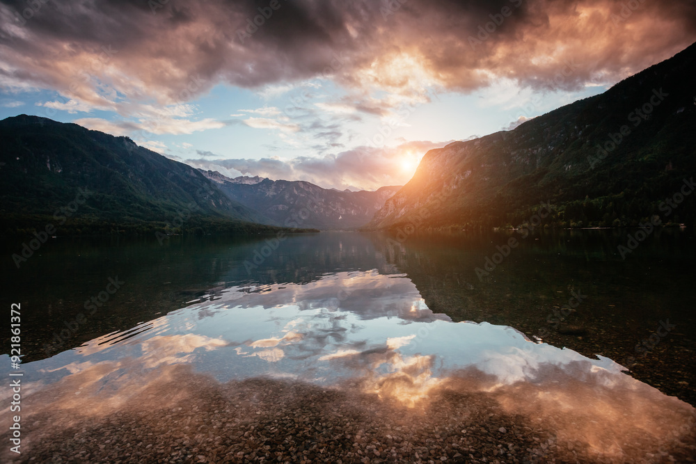 Canvas Prints Fantastic scene of lake Bohinj in Triglav National Park at twilight. Location place Julian Alps, Slovenia, Europe.