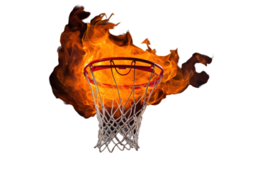 A Fiery Basketball Hoop Ignites Passion and Intensity During Late Night Game on White or PNG Transparent Background.