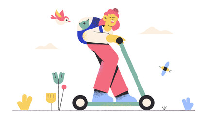 Woman riding scooter with cat in backpack