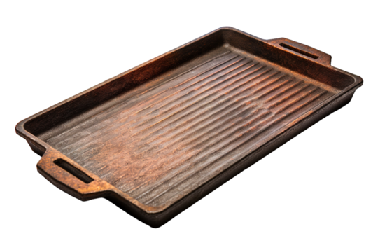 Rustic Griddle Pan Beautifully Displayed on Kitchen Counter in Afternoon Light on White or PNG Transparent Background.