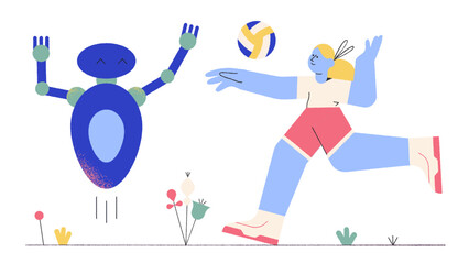 Robot and girl playing volleyball