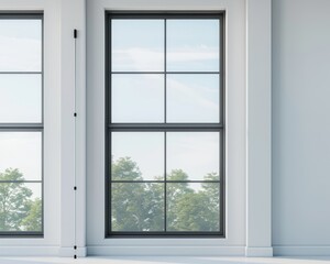 Fototapeta premium A modern window with a view, framed by white walls, allowing natural light to brighten the interior space.