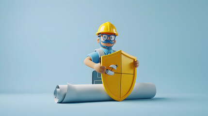 3D Flat Icon of Architect with Blueprint and Shield Concept for Construction Protection and Security in Insurance Advertising.