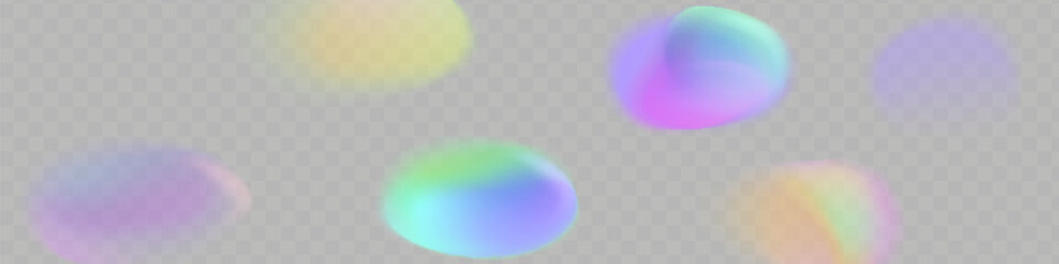 Set of colorful vector lenses and light flares with transparent effects. Iridescent crystal leak glare reflection effect. Optical rainbow lights, glare, leak, streak overlay. falling confetti