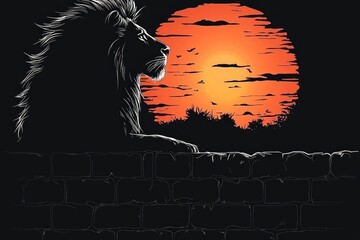 Naklejka premium Lion Silhouette at Sunset with Stone Wall