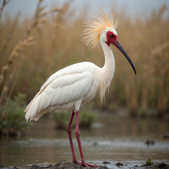 Fototapeta premium Hooded Crane Standing in Wetland with Bushy Crest