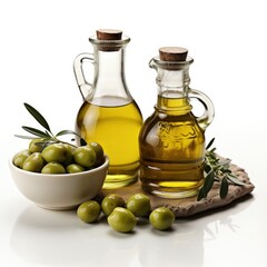 Olive Oil Bottle and Green Olives on Clean White Background