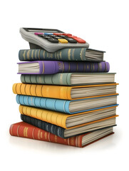 3D Flat Icon: Books and Calculator Concept   Academic Knowledge and Mathematical Precision Symbolized | Isolated White Background