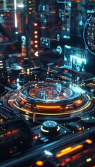 Futuristic holographic display technology concept with interactive elements in a striking layout