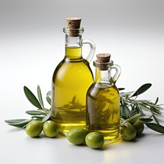 Olive Oil Bottle and Green Olives on Clean White Background
