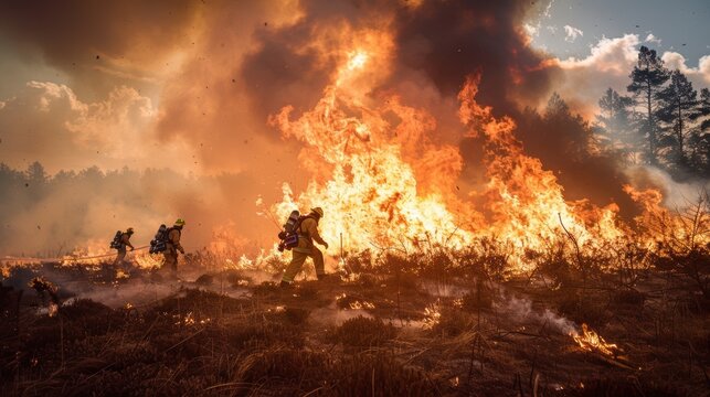 Firefighters Battling Intense Wildfire with Flames and Smoke in Forest
