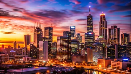 Obraz premium Urban Background City Skyline at Sunset with Modern Skyscrapers