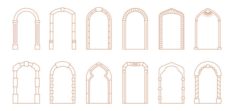Art deco arch windows, door frames with vector line ornaments and boho shapes borders. Vintage architecture and interior elements, outline art deco arch frames with columns and decorative brickwork