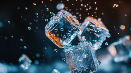 Ice cubes with drops exploding in all directions.