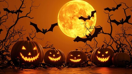 Halloween poster on orange background: pumpkins with carved faces and silhouettes of houses, bats and full moon