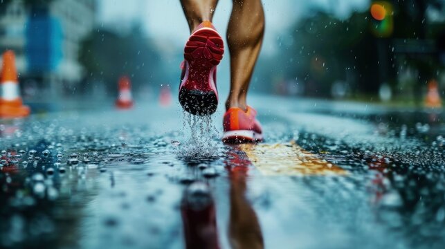 Close-up of a runner's feet running on the track in a stadium during the final turn.