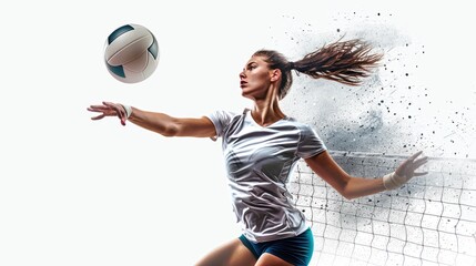 A professional female volleyball player looks determined while hitting the ball.