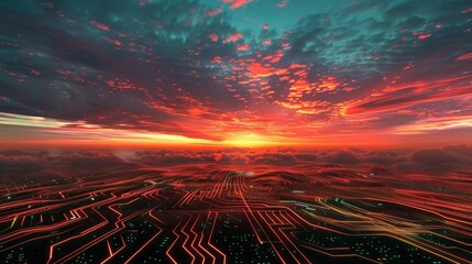 Digital transformation  futuristic landscape of circuit grounds and data stream sky