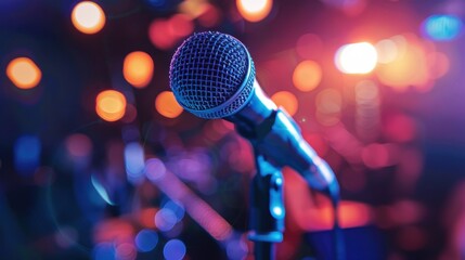 A microphone stands ready for a live performer in an energetic music venue with colorful lights