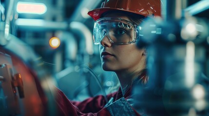 A Female Industrial Worker Operates Manufacturing Equipment In A Factory, Feeling Competent