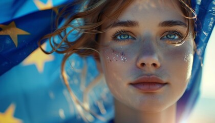Girl with European Flag Draped Over Shoulders Looking into Distance