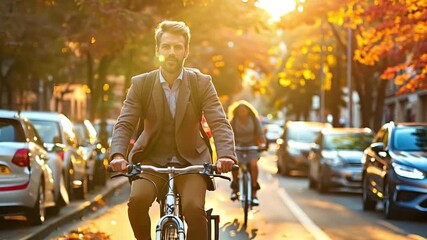 Businessman commuting to work on a bicycle, showcasing eco-friendly and healthy lifestyle.