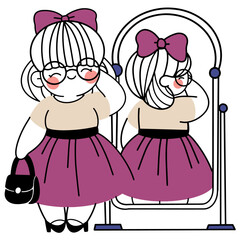 adorable chubby girl shopping illustrations, featuring bows, glasses, and fashionable outfits, perfect for cute designs