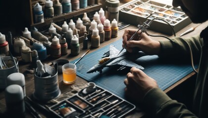 Obraz premium Person painting a model airplane with precision tools in a well-organized workspace, surrounded by paints and materials.