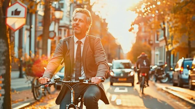 Businessman commuting to work on a bicycle, showcasing eco-friendly and healthy lifestyle.