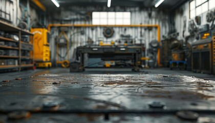 Rough Metal Workshop Surface, Blurred Garage Background, Creative Space